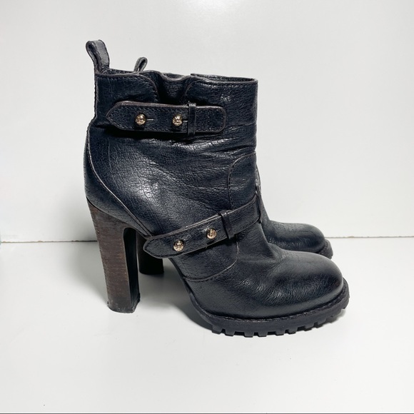 TORY BURCH Leather Moto Bootie Boots Heeled Strap Detail Size 7.5 - Picture 5 of 10